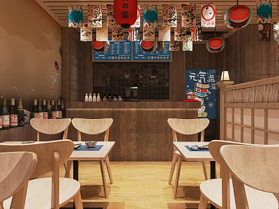 Japanese Restaurant Interior With Hanging Lanterns Wooden Tables And Counter Seating 3d model