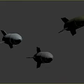 Three Different Colored Rocket Weapons Displayed As 3D Models On Gray Background