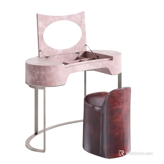 Elegant Soft Pink Velvet Dressing Table With Round Mirror And Leather Stool 3d model 