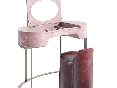 Elegant Soft Pink Velvet Dressing Table With Round Mirror And Leather Stool 3d model