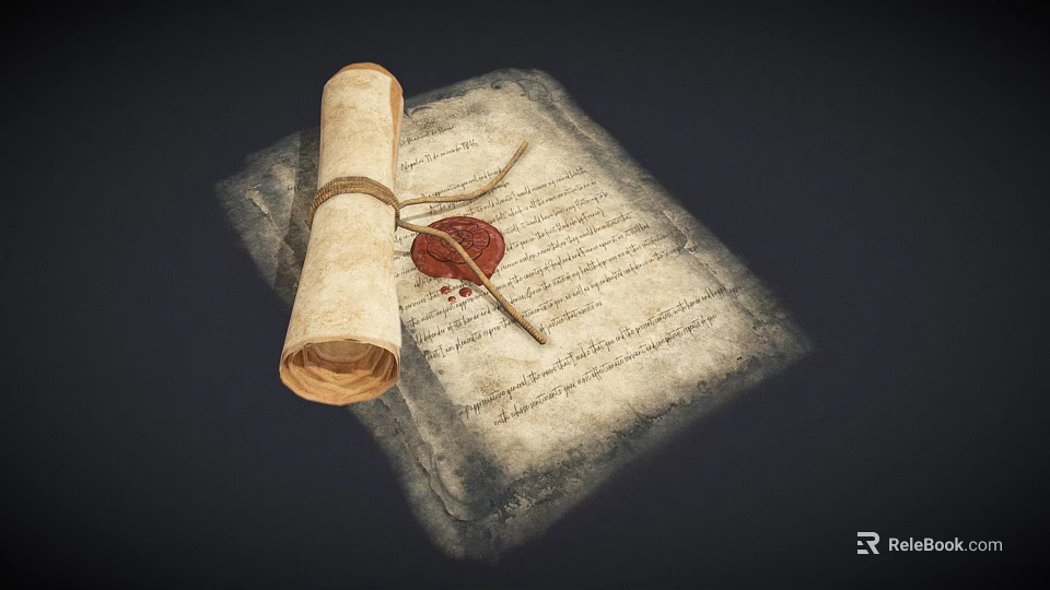 Antique Document Scroll With Parchment Paper Red Wax Seal And Quill Pen 3d model 