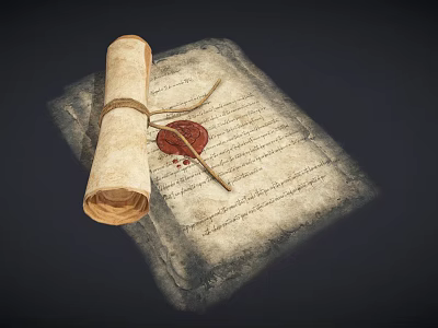 Antique Document Scroll With Parchment Paper Red Wax Seal And Quill Pen 3d model