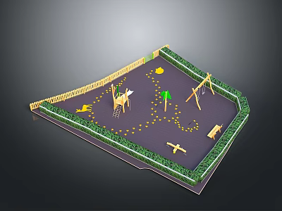 Vibrant Children's Playground Scenery With Swings Slides Wooden Fence And Green Plants 3d model