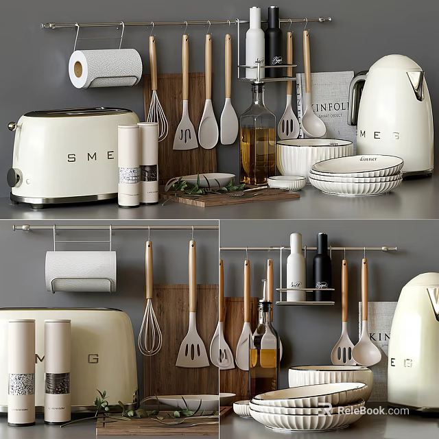 Modern Kitchen Utensils Toaster Oil Bottles Bowls and Towel Holder Organized 3d model 