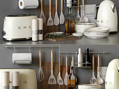 Modern Kitchen Utensils Toaster Oil Bottles Bowls and Towel Holder Organized 3d model