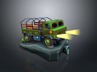 Green Military Tank With Metal Railings And Glowing Headlights On Gray Platform 3d model