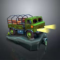 Green Military Tank With Metal Railings And Glowing Headlights On Gray Platform
