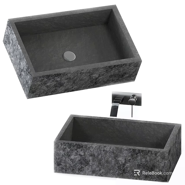 Square Textured Stone Washbasin With Modern Wall Mounted Faucet Design 3d model 