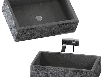 Square Textured Stone Washbasin With Modern Wall Mounted Faucet Design 3d model