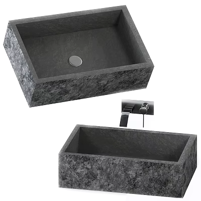 Square Textured Stone Washbasin With Modern Wall Mounted Faucet Design 3d model