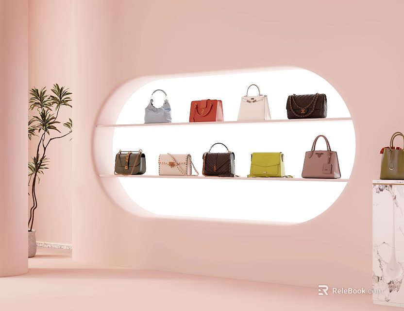 Stylish Designer Handbags In Various Colors Displayed On Modern Shelves With Pink Background 3d model 