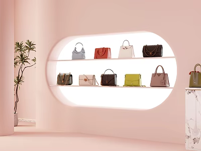 Stylish Designer Handbags In Various Colors Displayed On Modern Shelves With Pink Background 3d model