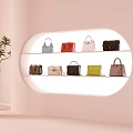 Stylish Designer Handbags In Various Colors Displayed On Modern Shelves With Pink Background