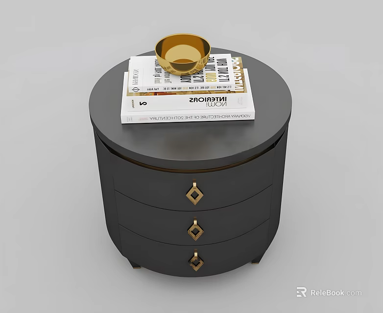 Black Nightstand With Gold Accents And Drawers Topped With Magazine And Gold Bowl 3d model 