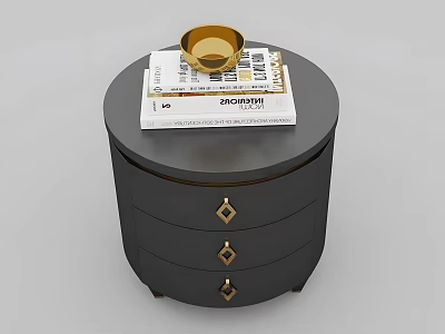 Black Nightstand With Gold Accents And Drawers Topped With Magazine And Gold Bowl 3d model