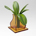 Green Leaf Bonsai Potted Plant in Transparent Orange Vase with Square Base