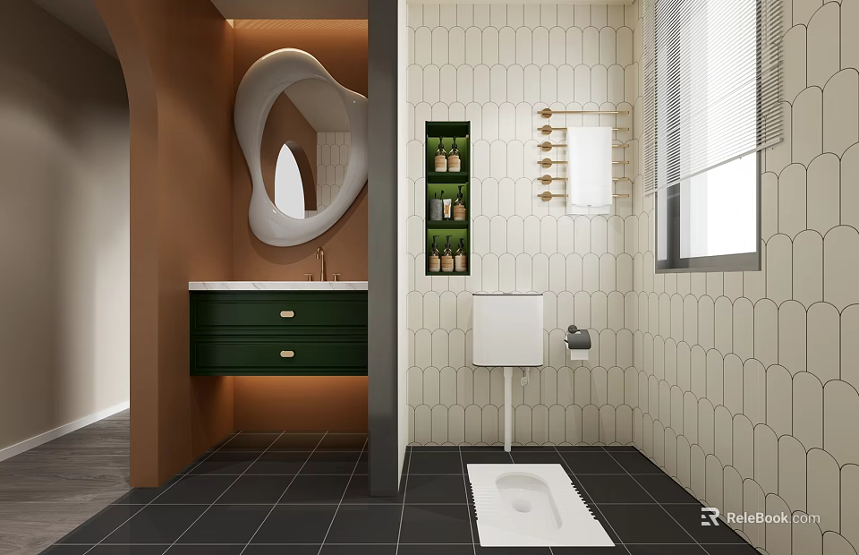 Modern Bathroom With Unique White Mirror Green Sink Cabinet Wall Mounted Toilet And Hexagonal Tiles 3d model 