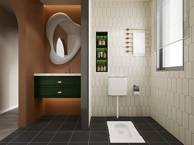Modern Bathroom With Unique White Mirror Green Sink Cabinet Wall Mounted Toilet And Hexagonal Tiles 3d model