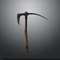 Ancient Battle Weapon With Wooden Handle Curved Metal Blade And Red Straps