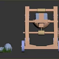 Ancient Wooden Catapult Weapon With Wheeled Structure And Stone Projectiles