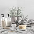 Stylish Bathroom Accessories Including Soap Dispensers Towel Brush And Potted Plant