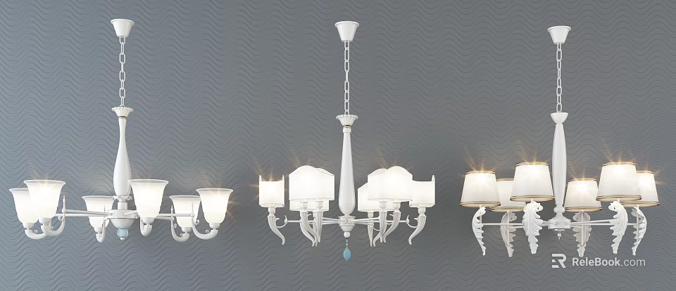 Elegant White Chandeliers With Ornate Design Hanging On Gray Textured Wall 3d model