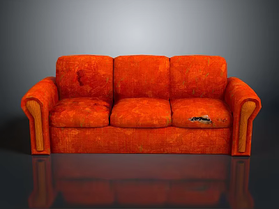 Worn Orange Sofa With Torn Seats And Visible Fabric Damage 3d model