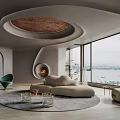 Modern Living Room Interior Design With Circular Woven Ceiling Decor And Floor To Ceiling Windows