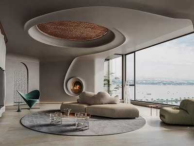 Modern Living Room Interior Design With Circular Woven Ceiling Decor And Floor To Ceiling Windows 3d model