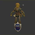 Man With Orange Hair In Warrior Armor Holding Sword And Blue Shield With White Emblem