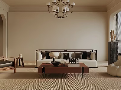 Modern Beige Living Room Interior With Chandelier Sofa Coffee Table And Area Rug 3d model