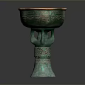 Ancient Bronze Stem Cup Carving Sculpture With Intricate Patterns And Green Patina