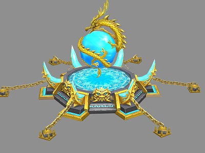 Golden Mythical Dragon Wrapped Around Blue Sphere On Ornate Pedestal With Decorative Chains And Ornaments 3d model