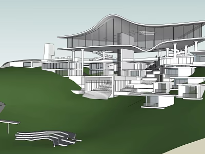 Modern Homestay Building With Curved Roof Large Glass Windows And Lawn Steps 3d model