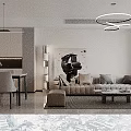 Modern Minimalist Open Dining And Living Room With Stylish Lighting Art Decor And Comfortable Furniture