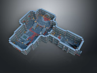 Medieval Dungeon Interior Landscape With Stone Brick Structure Red Blue Ground And Glowing Torches 3d model