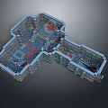 Medieval Dungeon Interior Landscape With Stone Brick Structure Red Blue Ground And Glowing Torches