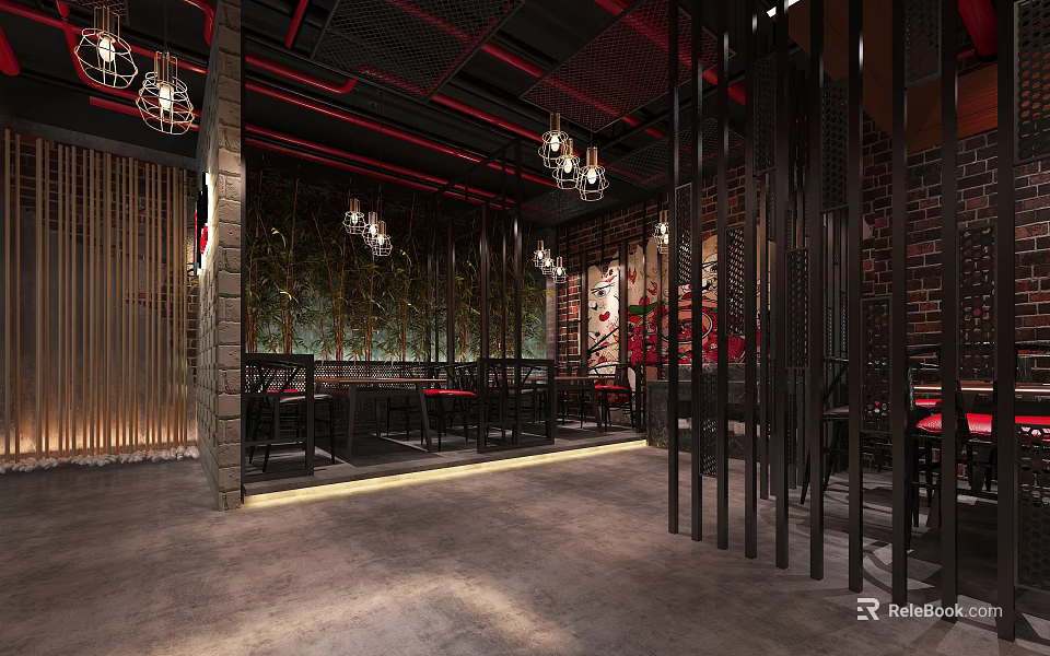 Modern Industrial Hot Pot Restaurant Interior With Hanging Lamps Red Decor And Wooden Tables 3d model 
