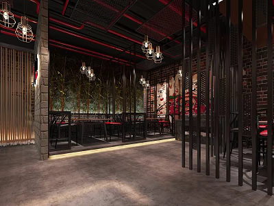 Modern Industrial Hot Pot Restaurant Interior With Hanging Lamps Red Decor And Wooden Tables 3d model