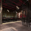 Modern Industrial Hot Pot Restaurant Interior With Hanging Lamps Red Decor And Wooden Tables