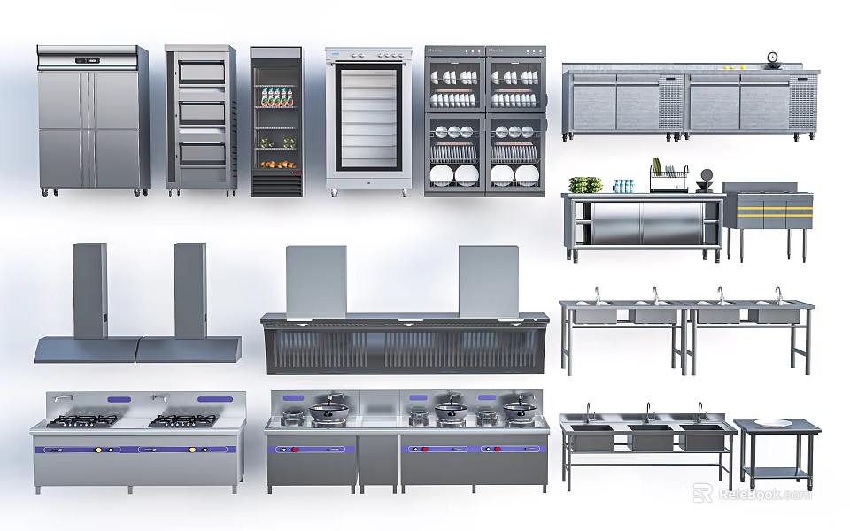 Stainless Steel Commercial Kitchen Equipment With Refrigerators Ovens Dishwashers Shelves Stovetops And Sinks 3d model 