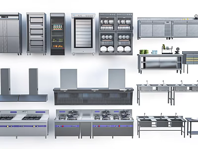 Stainless Steel Commercial Kitchen Equipment With Refrigerators Ovens Dishwashers Shelves Stovetops And Sinks 3d model