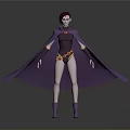 Woman With Purple Hair And Cape Wearing Dark Bodysuit Gold Trimmed Belt And Purple Boots