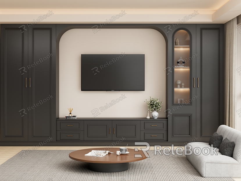 French TV Background Wall Full Wall TV Cabinet Table Sofa Locker Jewelry Ornaments model