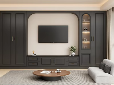 Modern Dark TV Stand Design With Integrated Cabinetry Open Shelves And Storage Drawers 3d model