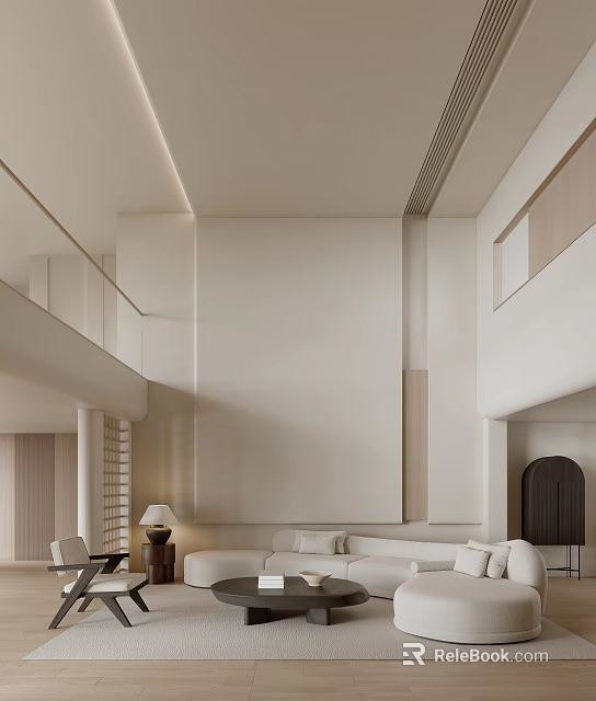 Modern Duplex Living Room With High Ceiling And Beige Sofa Design 3d model