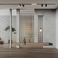 Modern Interior With Glass Block Partition Wooden Floor Lighting And Plants