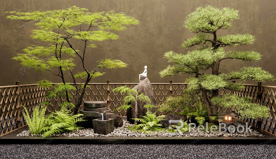 Japanese-style courtyard landscape sketch water bowl rockery water landscape plant pile plant combination fern maple Luo Han pine model