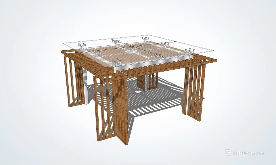 Outdoor Wooden Pavilion Structure Featuring Glass Roof Latticed Floor And Metal Connectors 3d model 