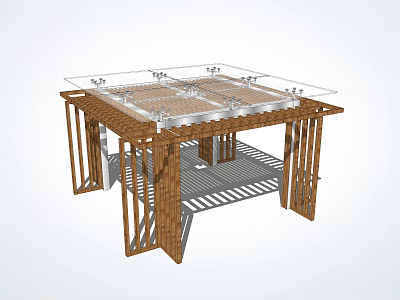 Outdoor Wooden Pavilion Structure Featuring Glass Roof Latticed Floor And Metal Connectors 3d model